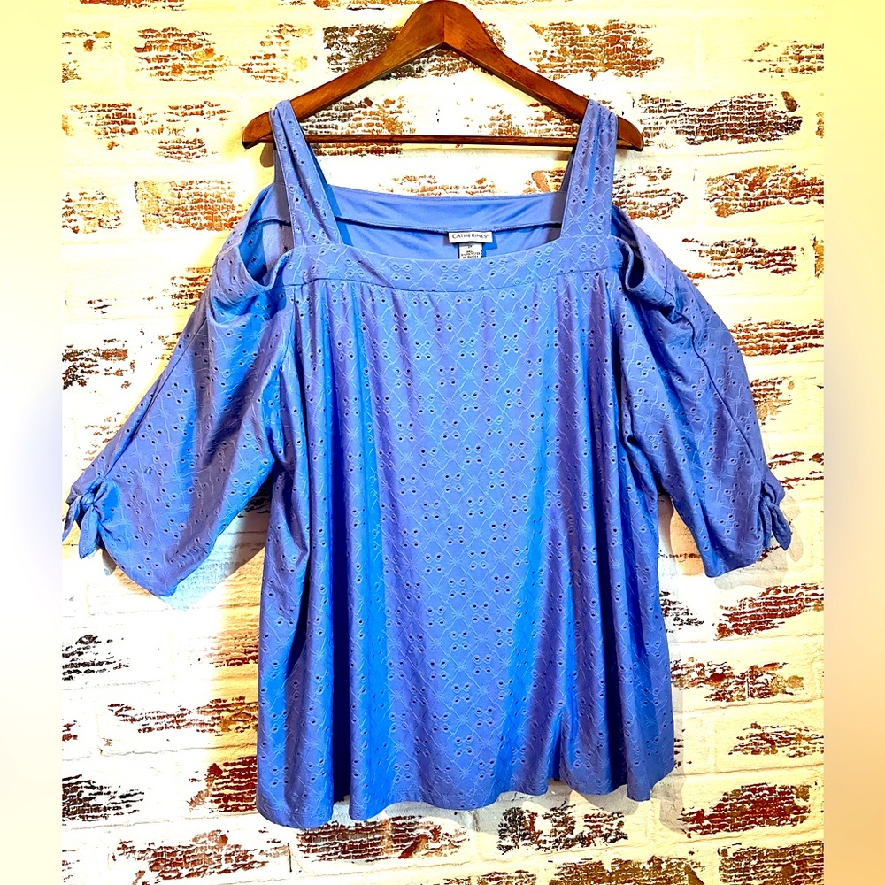 Catherine’s Blouse Cold Shoulder Eyelet Lined Blue Size 2X